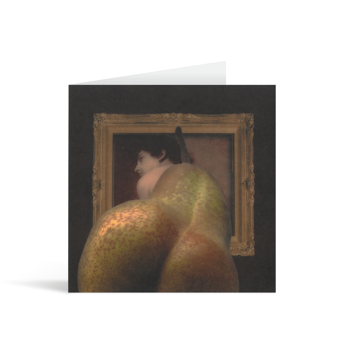 A suqare digitally enhanced photograph of a potrait painting in classical style adjusted with a pear in the foreground to look like the shape of a bottom.