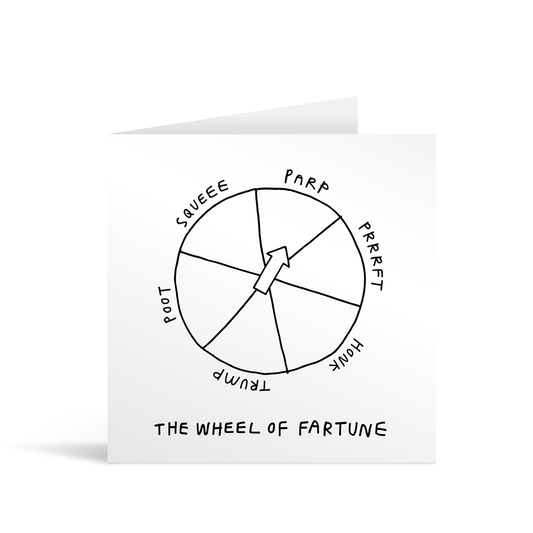 A white square comic style card with a funny drawing of a choice making wheel, captioned the wheel of fartune 