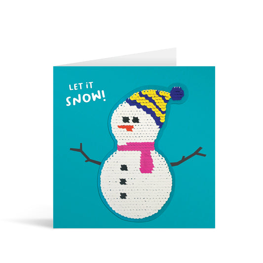Blue square greetings card with colourful shiny sequin snowman reversible patch and fun, free-flowing text that reads "Let it snow!"