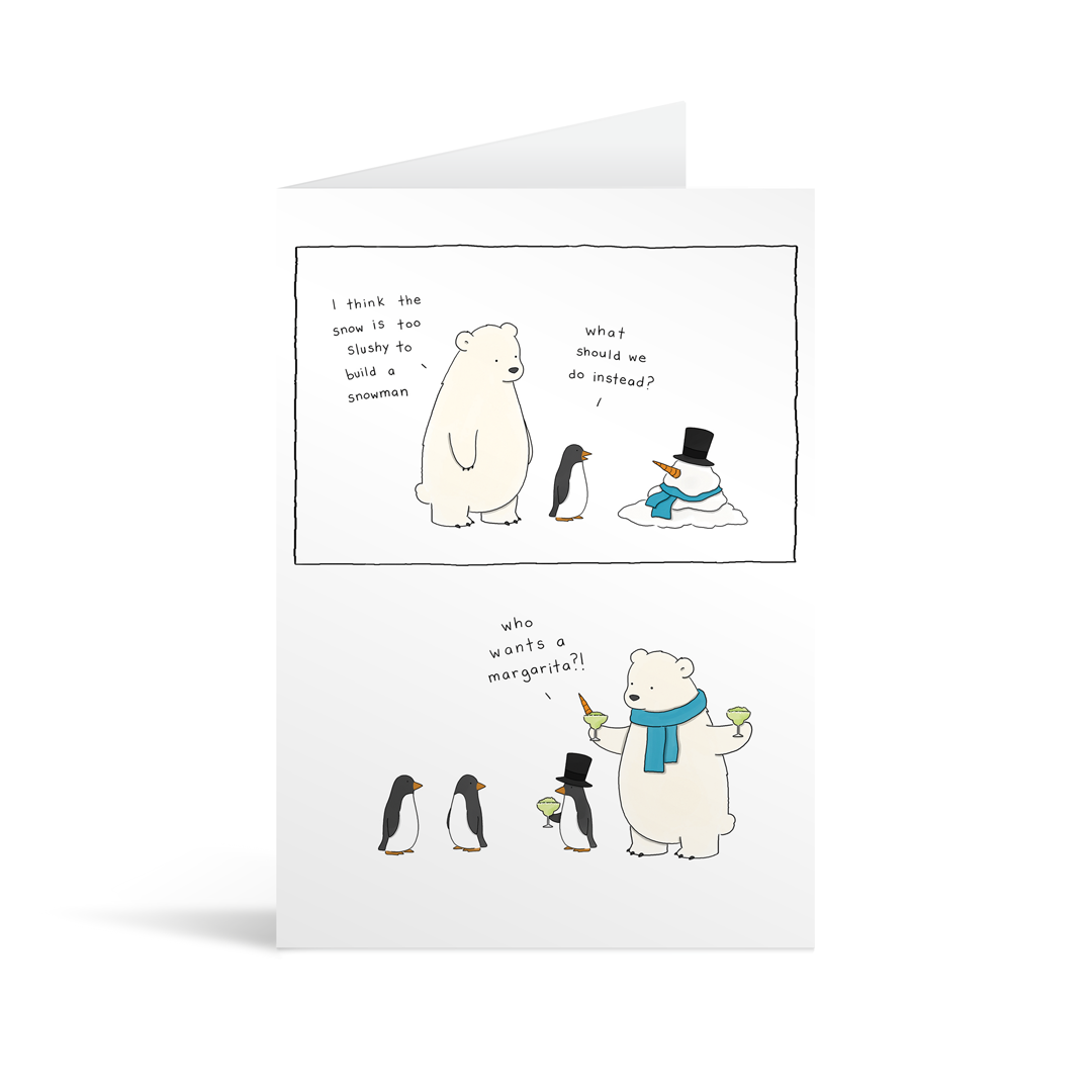 A comic style illustrated card featuring cute penguin and polar bear characters talking about making margaritas with the slushy snow.