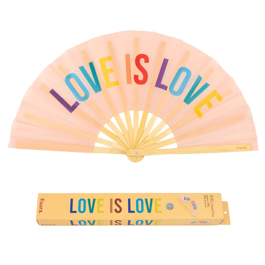 An opened pink fan emblazoned with the rainbow coloured lettering "Love is love" above a matching box.