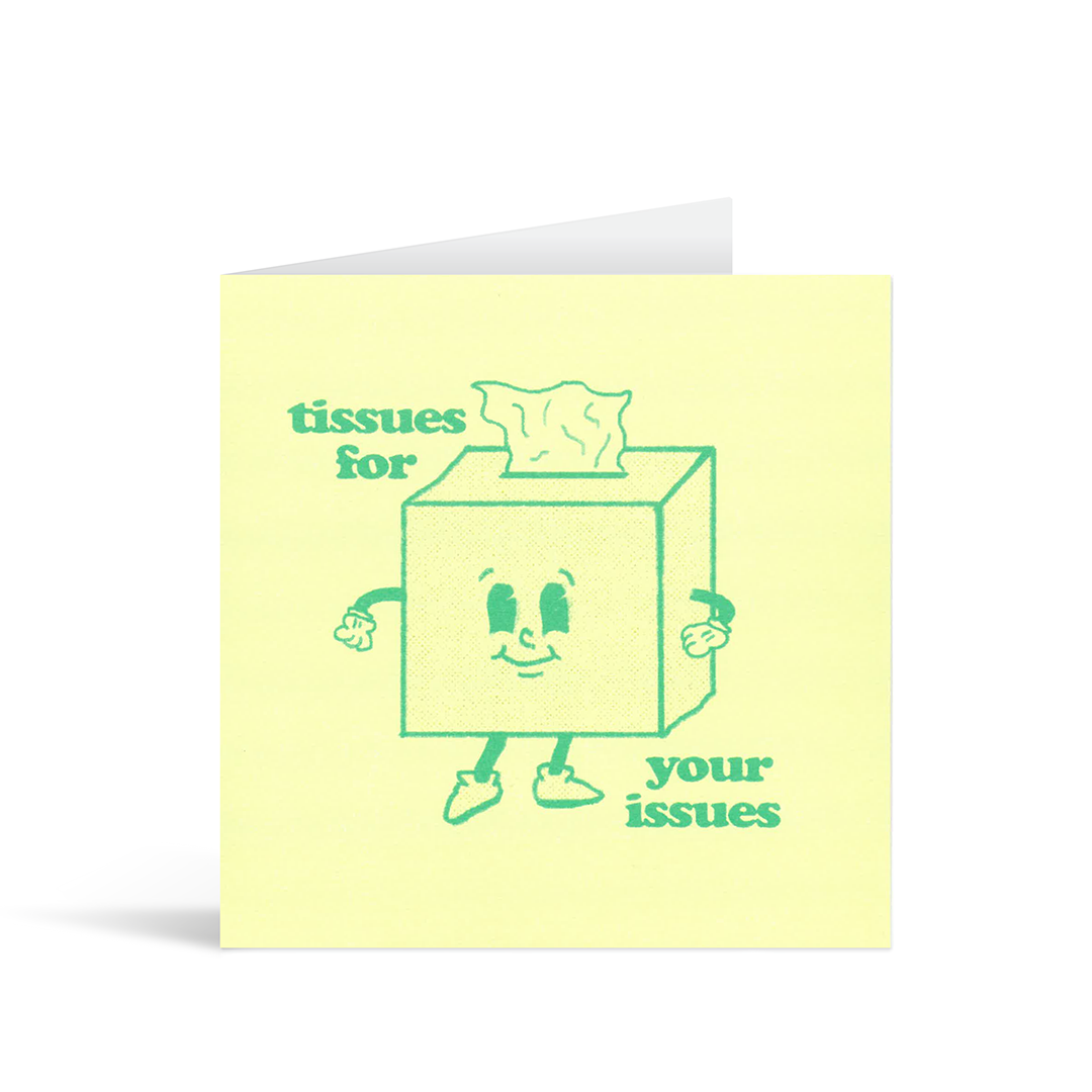 Contemporary square cream card with a stylised image of a friendly tissue box and the words "Tissues for your issues"