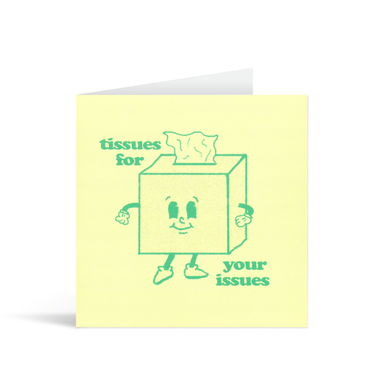 Contemporary square cream card with a stylised image of a friendly tissue box and the words "Tissues for your issues"