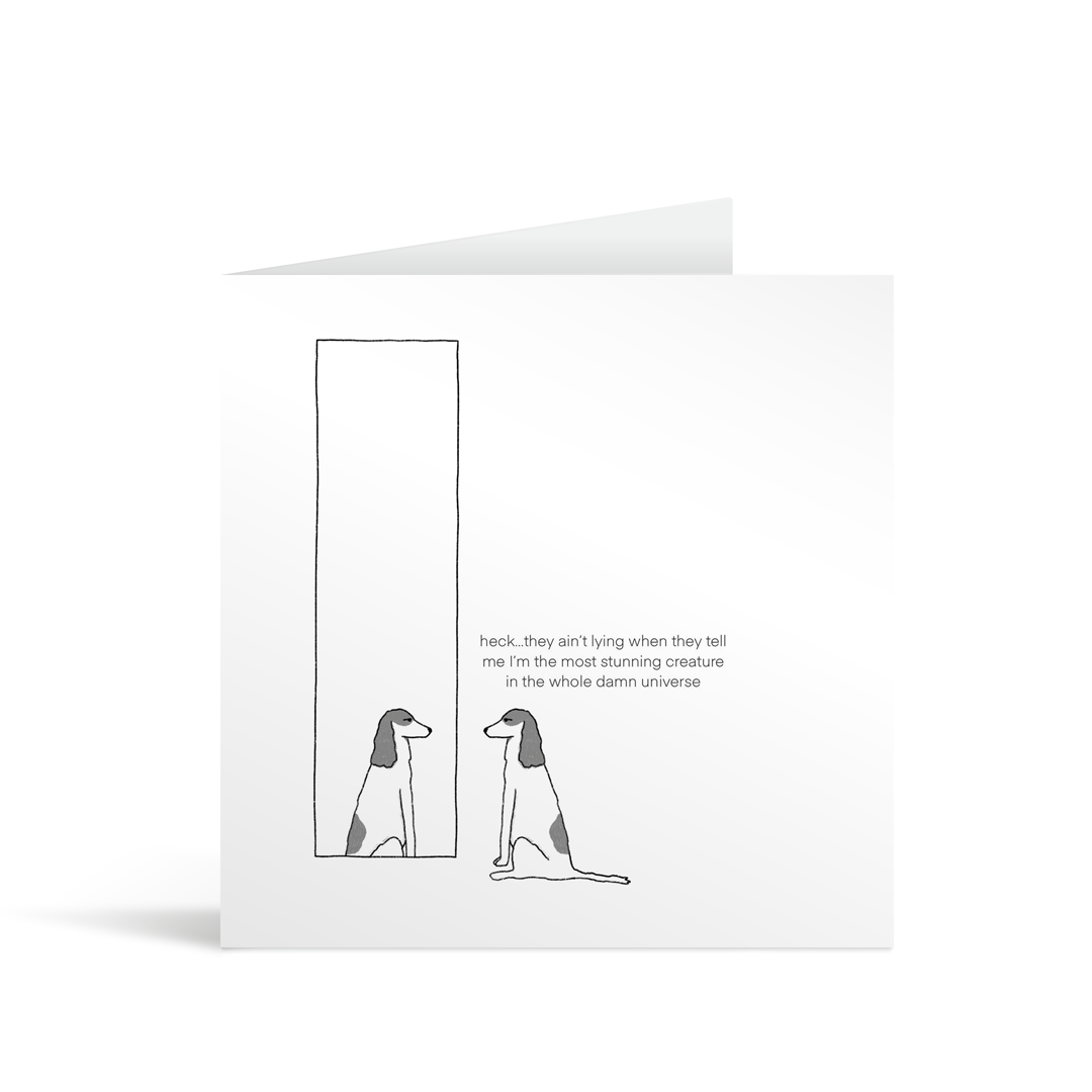 Comic style illustrated square card with a dog looking in the mirror and complimenting itself