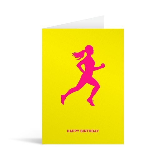 Yellow card with neon pink sillhouette of a female runner above text that reads Happy Birthday