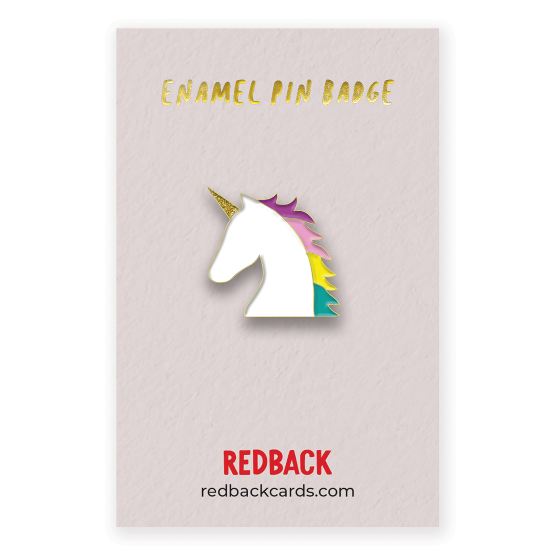 A cute unicorn enamel pin with a multicoloured mane and sparkly horn. Mounted on card