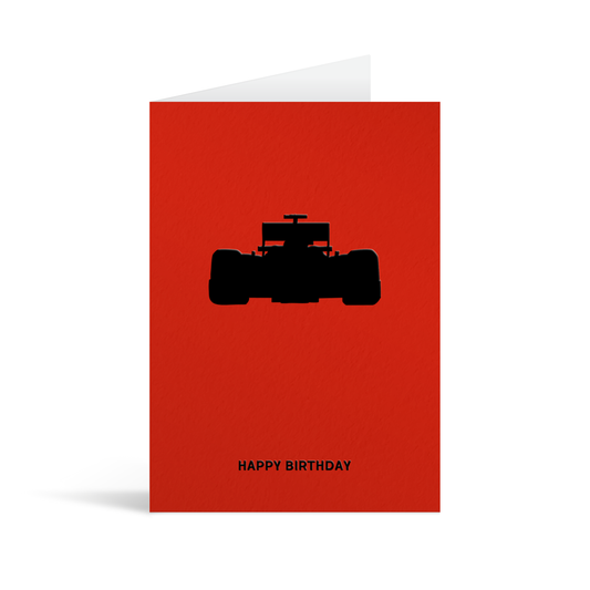Red card with  black sillhouette of a F1 racing car above text that reads Happy Birthday
