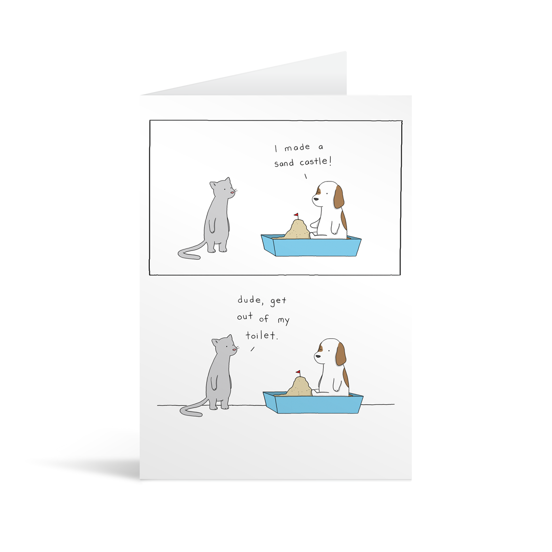 Comic strip style card with a funny conversation between a cat and a dog about making a sandcastle out of cat litter