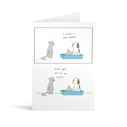 Comic strip style card with a funny conversation between a cat and a dog about making a sandcastle out of cat litter