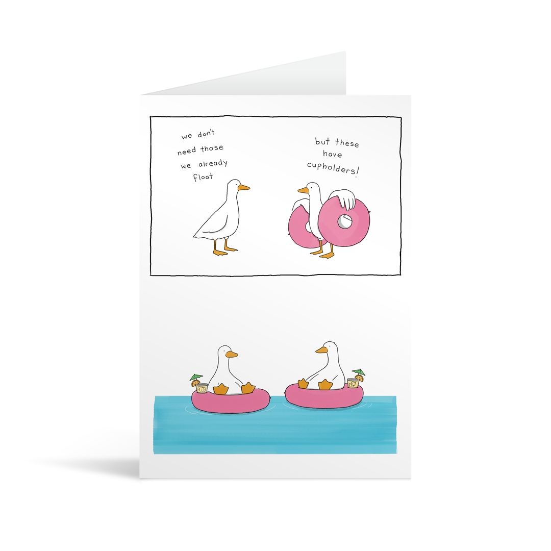 Comic strip style card with a funny conversation between two ducks about the advantages of using rubber rings with cupholders when they already float