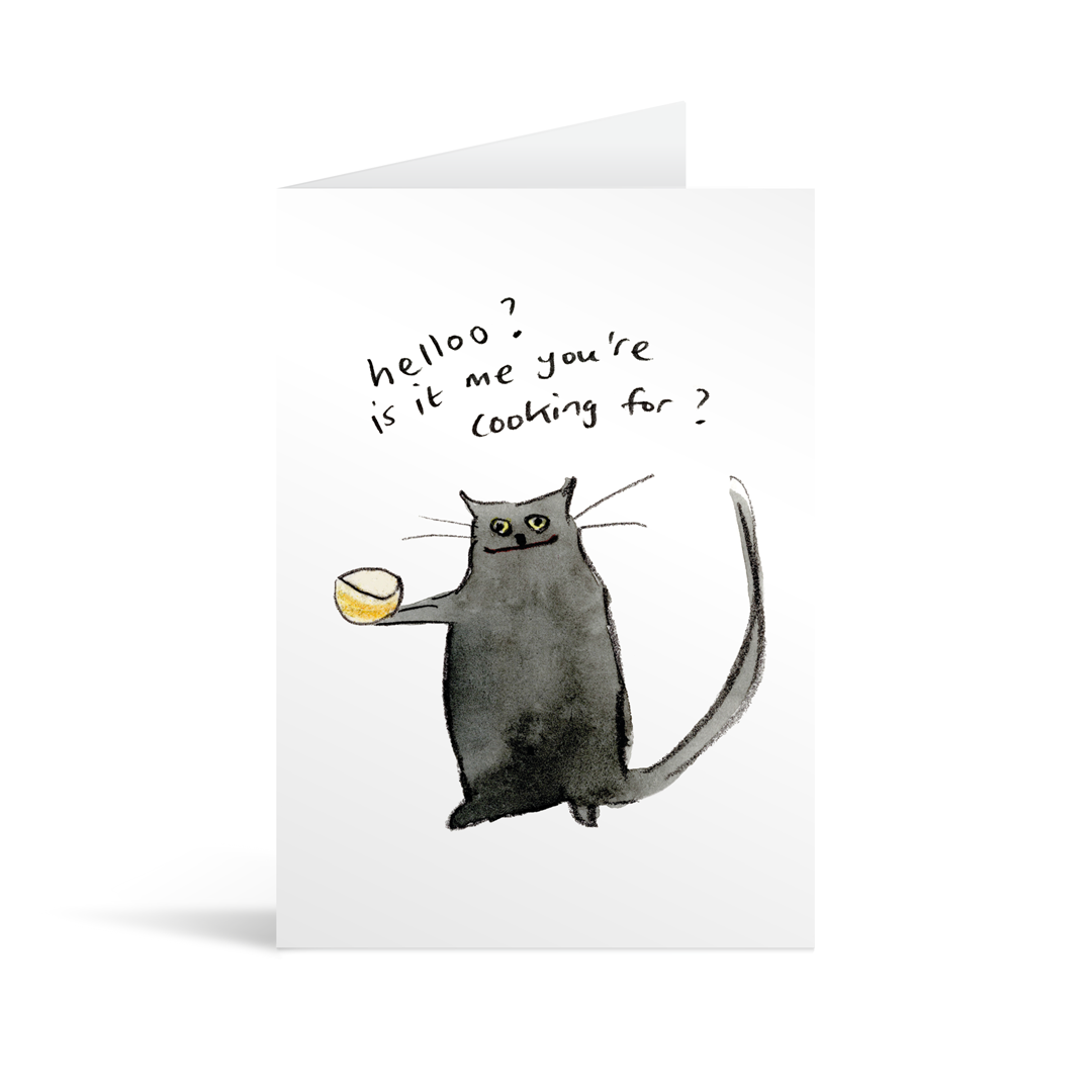 White rectangular card with a charming, quirky illustration of a cat hopefully holdling a bowl and the handwritten plea "helloo? Is it me you're cooking for?" Brown envelope in the background.