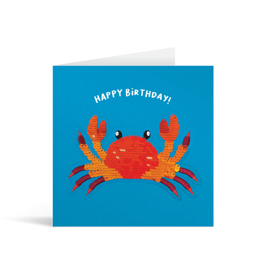 Blue square greetings card with bright and shiny reversible sequin crab patch and fun, free-flowing text that reads "Happy Birthday!"