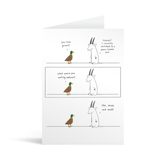 Comic strip style card with a funny conversation between a duck and a(goat?) about the benefits of a plant-based diet