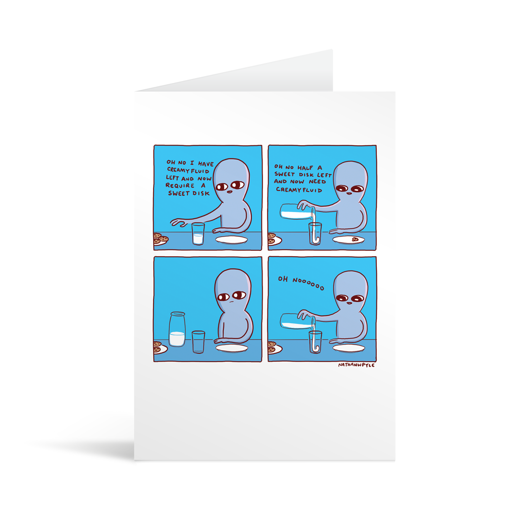 Comic strip style card with funny text about an alien's need for cookies and milk