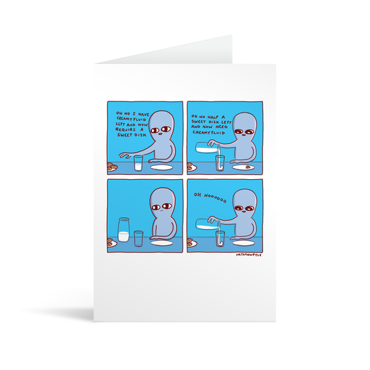 Comic strip style card with funny text about an alien's need for cookies and milk