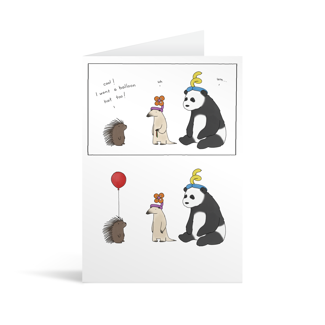 Comic strip style card with a funny conversation between a porcupine, panda and (…) about the complex nature of balloon hats