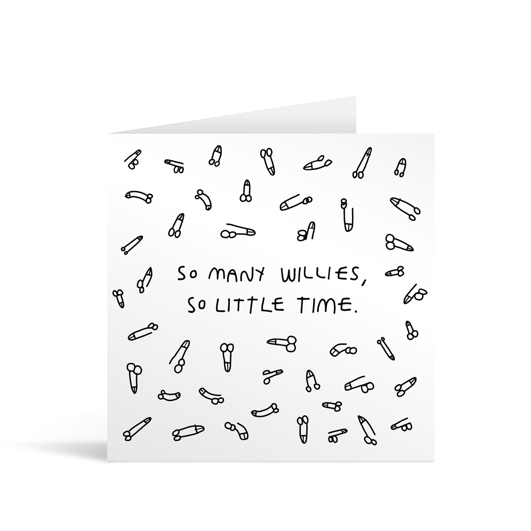 White square card with lots of hand drawn cartoon style penises and the text in the centre which reads "So many willies, so little time". Brown envelope ing the background.