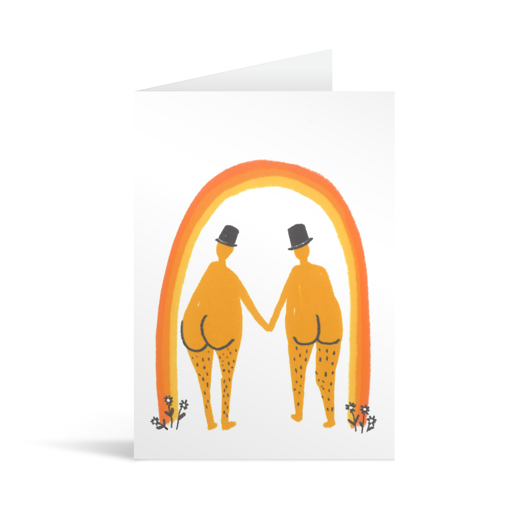 Wedding card with an autumnal rainbow under which are standing a naked couple painted from behind, with cute bottoms. Both are men and have little top hats.