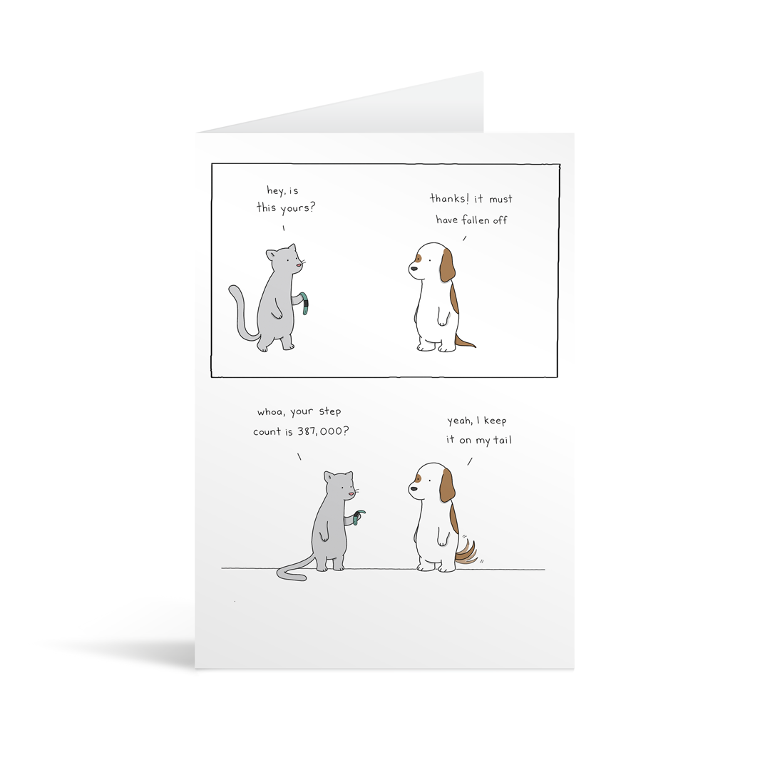 White rectangular card with cartoon drawing of a cat and dog discussing the merits of attatching the fitbit to the dog's tail. Bright yellow envelope in the background