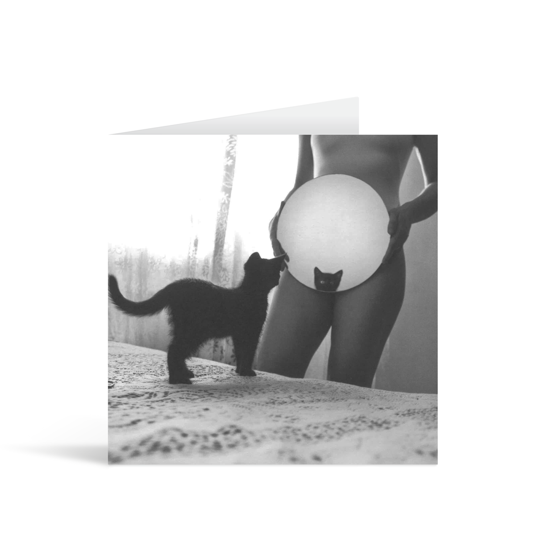 A square photographic card with a cool contemporary black and white image of a naked woman holding a round mirror up in front of her to show the reflection of a kitten's head where her pussy should be.