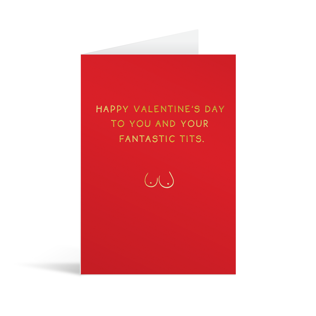 Red rectangular card with a gold foil line drawing of a pair of boobs, underneath the writing "Happy valentine's day to you and your fantastic tits." White enevelope in the background.