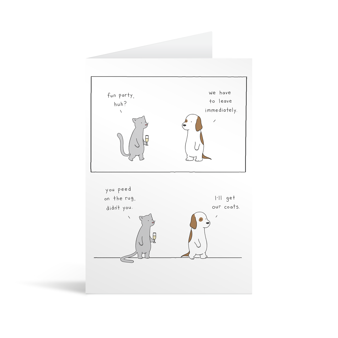 Comic strip style card with a funny conversation between a cat and a dog about making a sandcastle out of cat litter