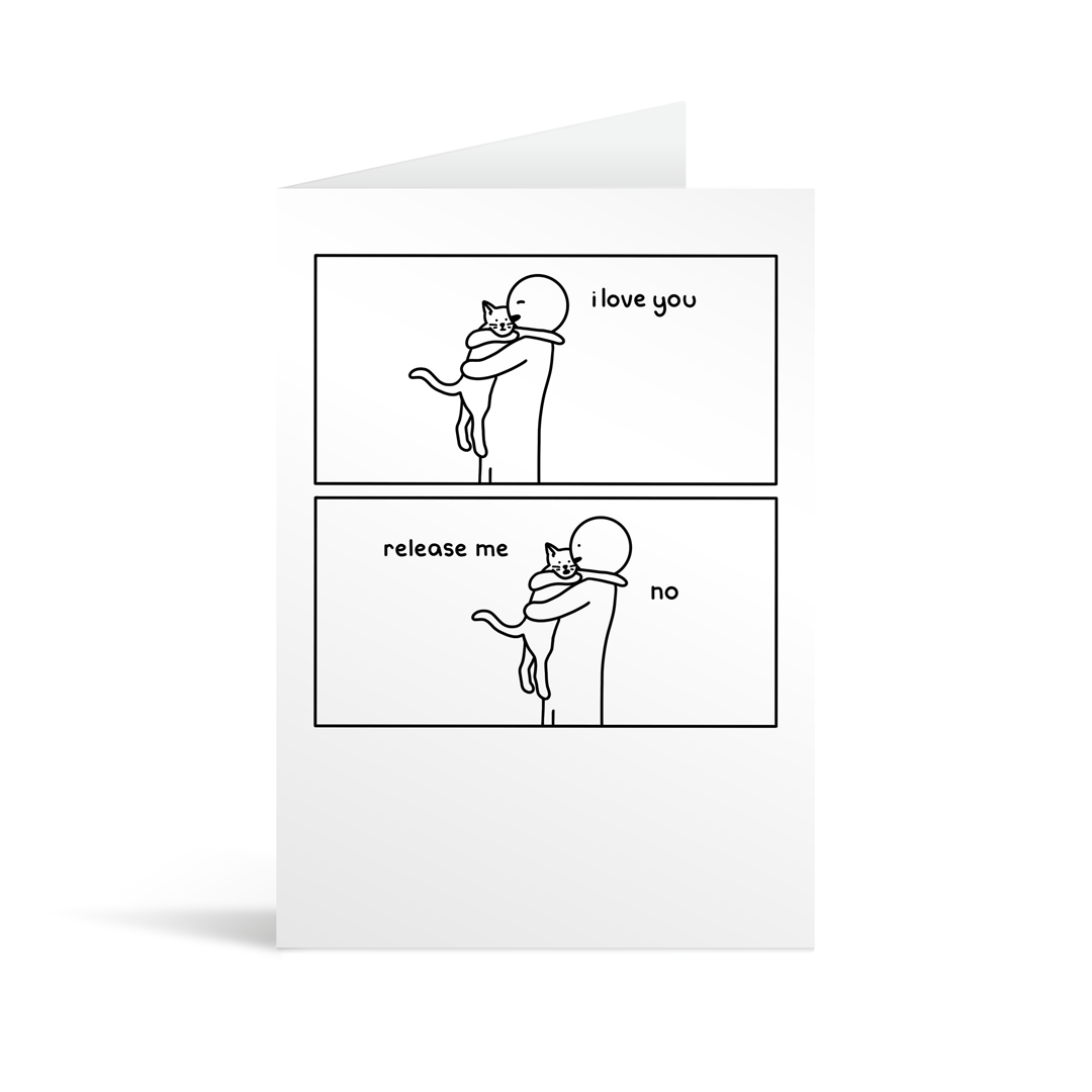 White greetings card with a 2 panel cartoon of a person hugging an unwilling cat