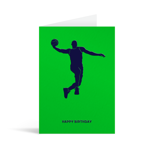 Green card with blue sillhouette of a basketball player above text that reads Happy Birthday