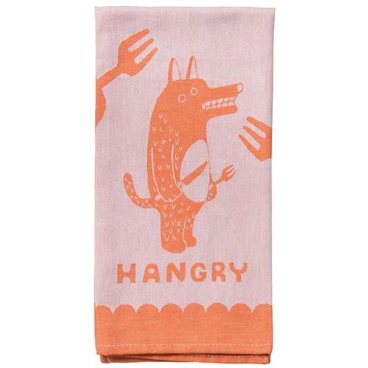 A pale pink tea towel or dish towel featuring a childish playful wolf-like creature with a knife and fork above the word :hangry"