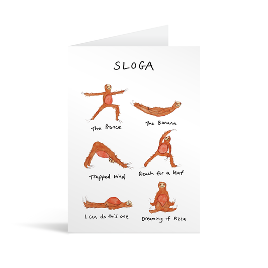 A white rectangular card with cute hand illustrated sloths in multiple yoga poses with names such as the prance and the banana