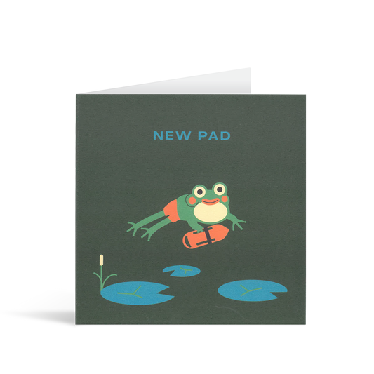 A contemporary square navy card with a stylised image of a leaping frog with a life buoy over some lily pads and the text "New Pad"