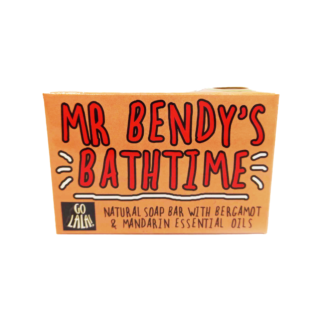 Orange boxed bar of soap with red text saying "Mr Bendy's bathtime"  and small black text saying "natural soap bar with bergamot & mandarin essential oils"