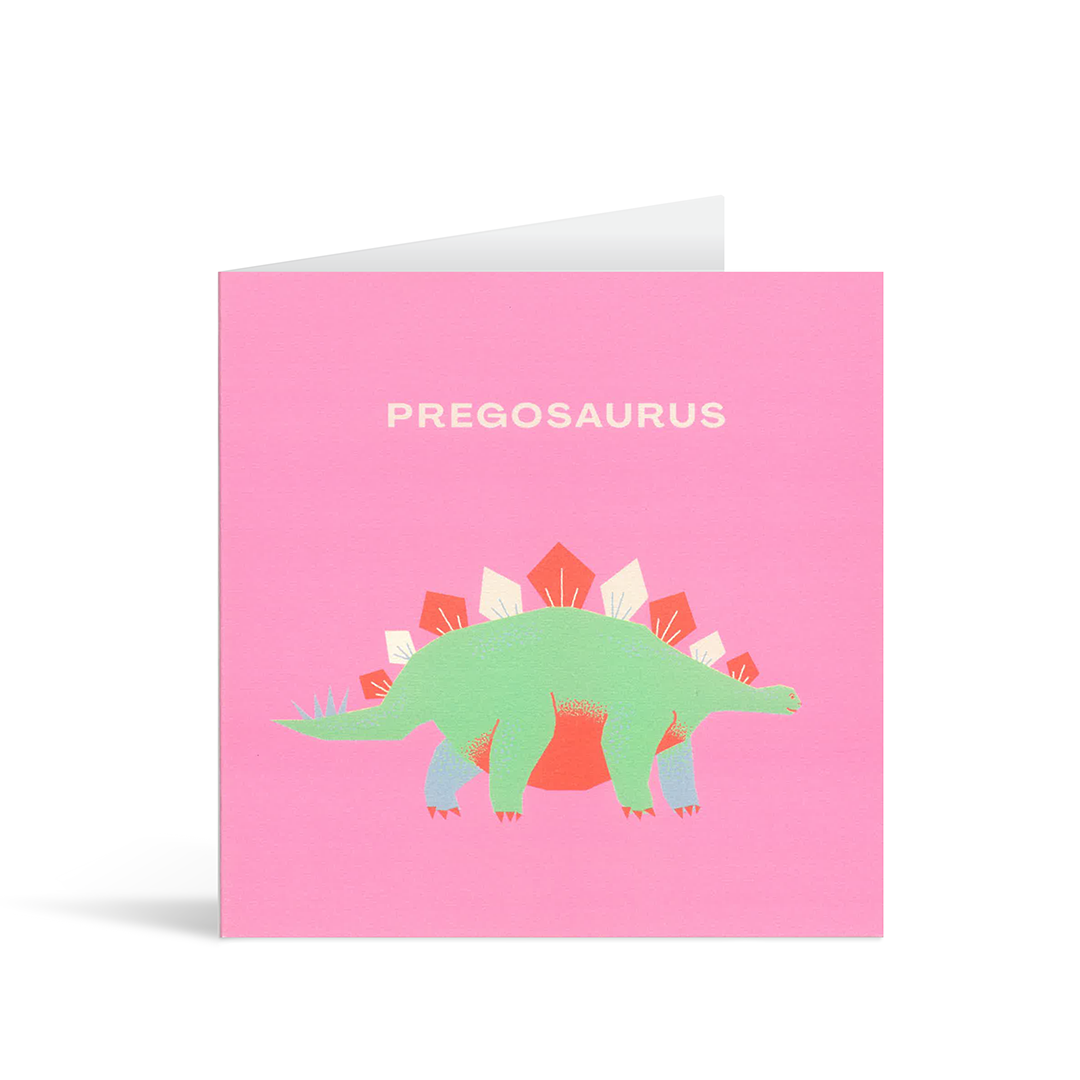 Contemporary pink card with stylised drawing of a stegosaurusand the word "pregosaurus" printed above