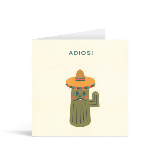 A contemporary square cream card with a stylised illustration of a cactus in a sombrero underneath the text "Adios!"