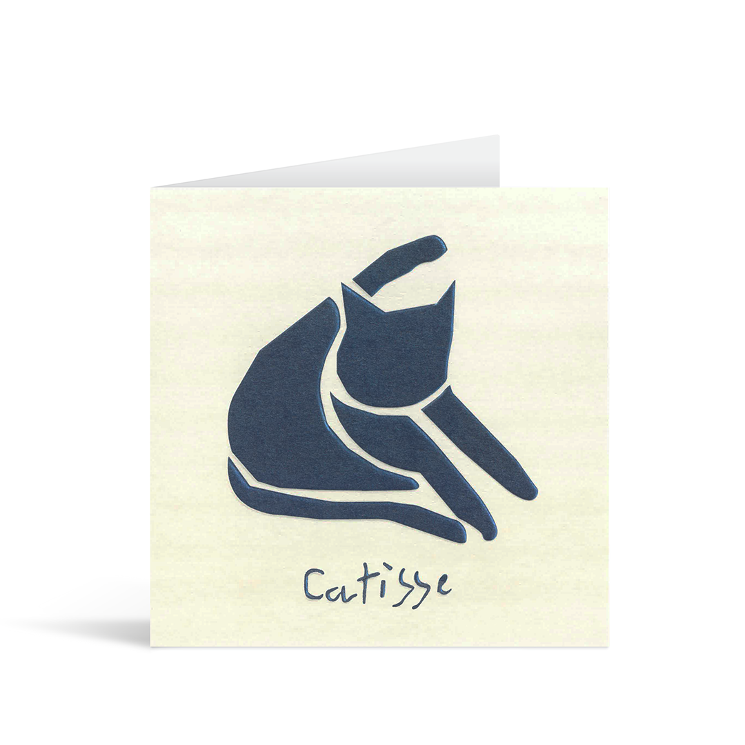 A square cream playful artistic card featuring a cat in the style of Matisse's famous lady in blue painting and the title below "Catisse"