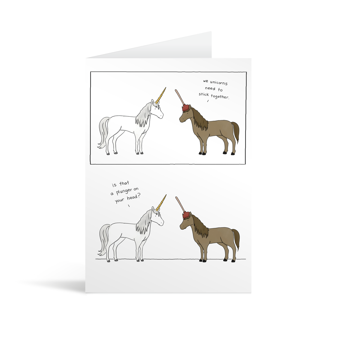 Comic strip style card with a funny conversation between two totally unicorns about sticking together