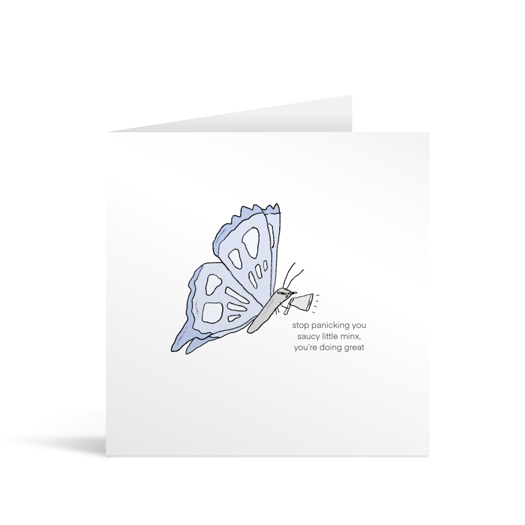 Comic style illustrated square card with blue butterfly holding a megaphone and saying not to panic