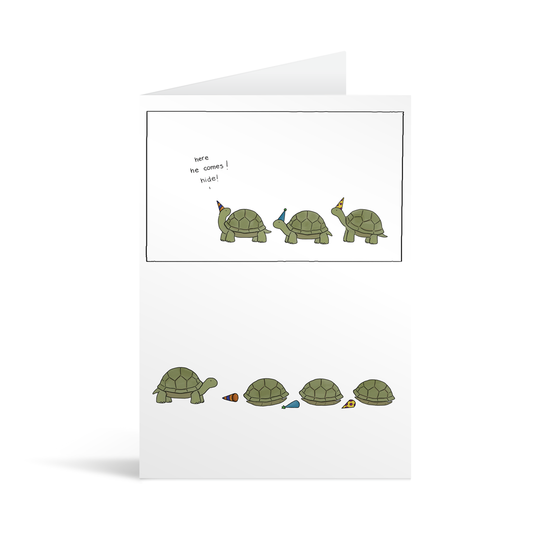 Comic strip style card with a funny conversation between three tortoises hiding for a surprise party