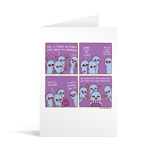 Comic strip style card with a funny conversation between two aliens about the strange things humans do on their birthdays