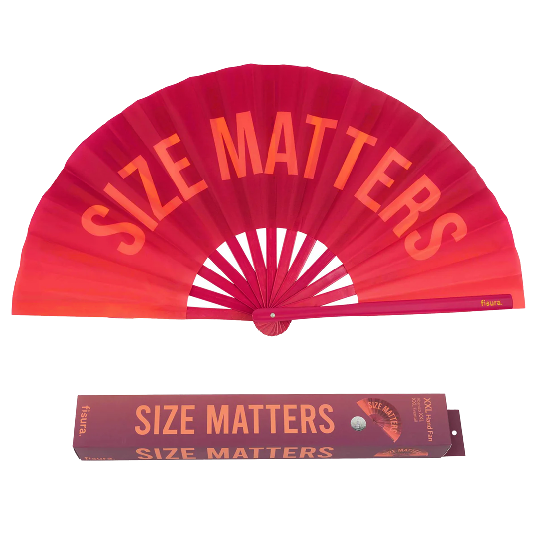 Opened burgundy fan emblazoned with the words "Size Matter' in peachy tones, above a matching stylish box.