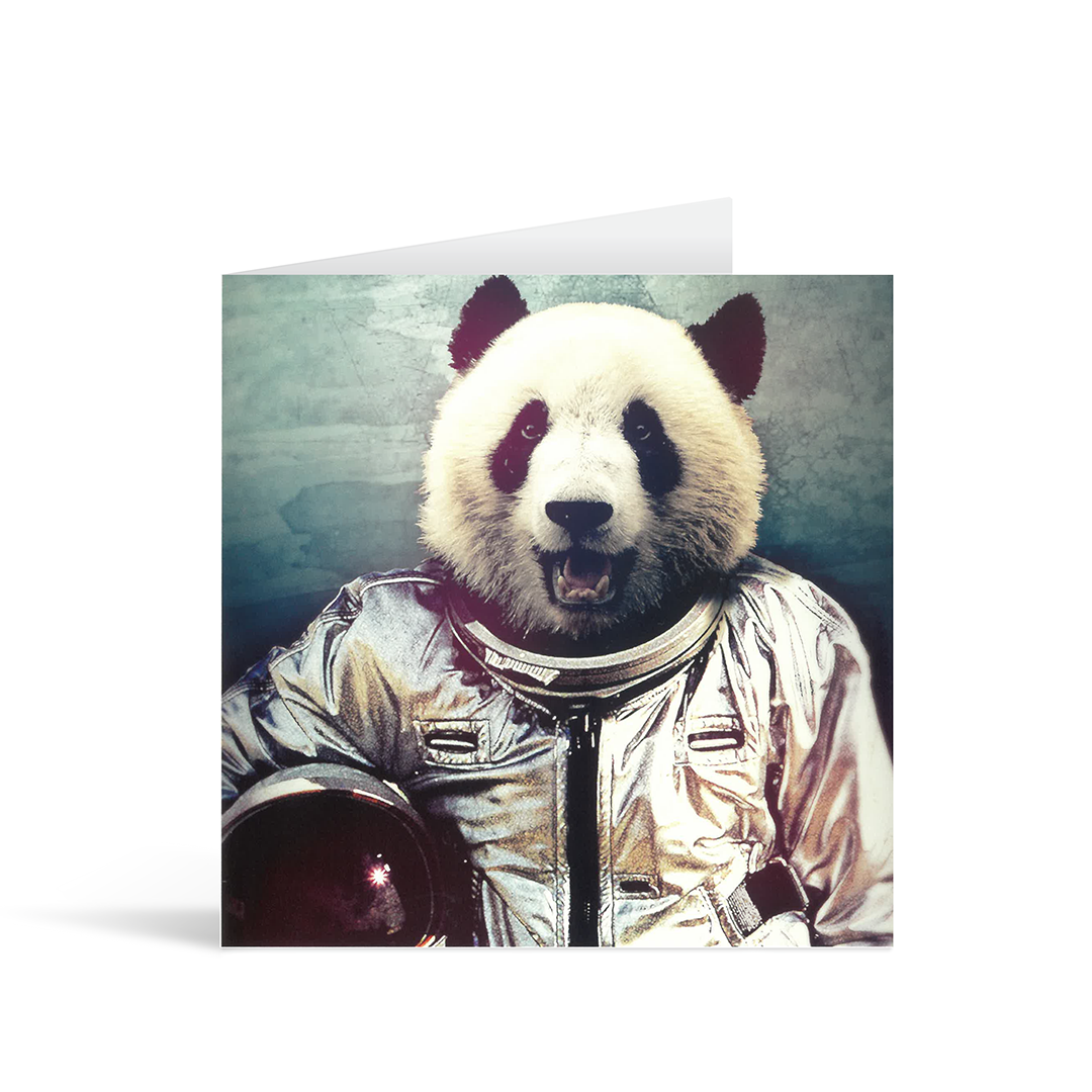 A square photographic card with a cool contemporary image of a panda in a silver spacesuit, appearing to smile excitedly.