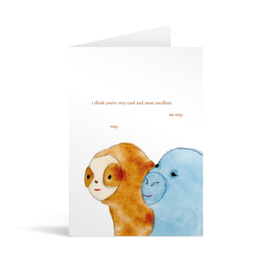 White rectangular card with watercolour illustrated sloth and seal underneath text that reads "I think you're very cool and most excellent…. No way… way."