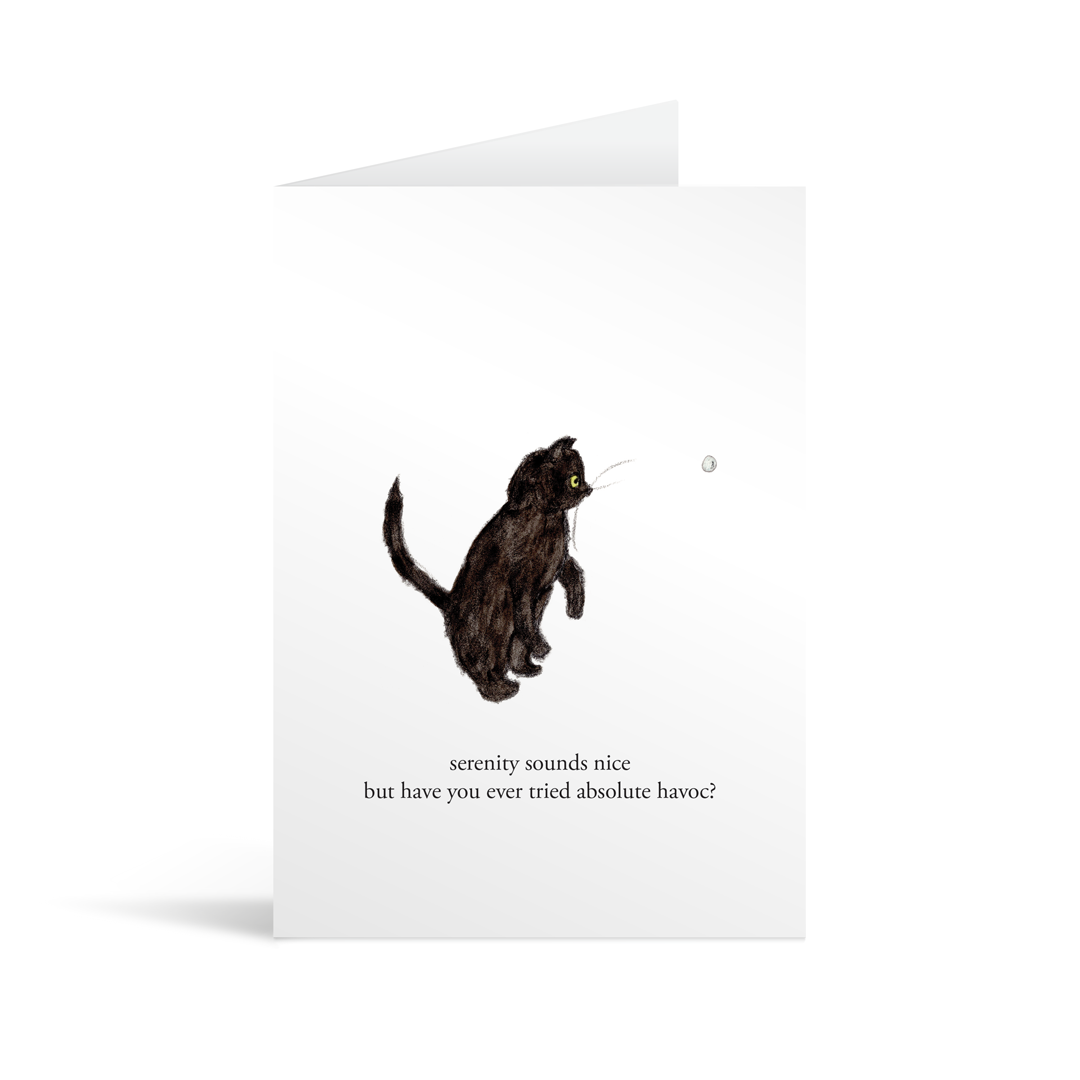 A white rectangular card with a cute hand illustrated black kitten playing with a ball and funny text saying " serenity sounds nice but have you ever tried absolute havoc?" 