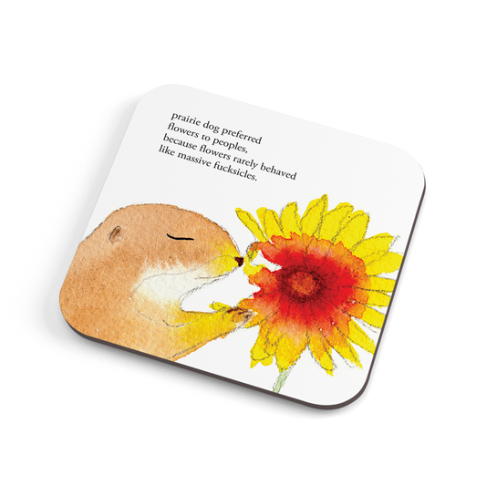 A funny hand illustrated coaster with a prarie dog sniffing a sunflower, saying "prarie dog preferred flowers to people, because flowers rarely behaved like massive fucksicles"