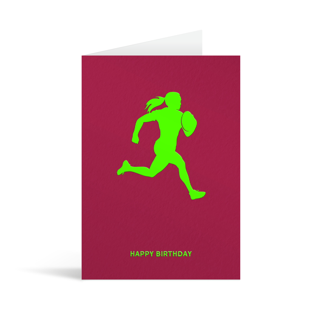 Burgundy card with neon orange sillhouette of an american footballer above text that reads Happy Birthday