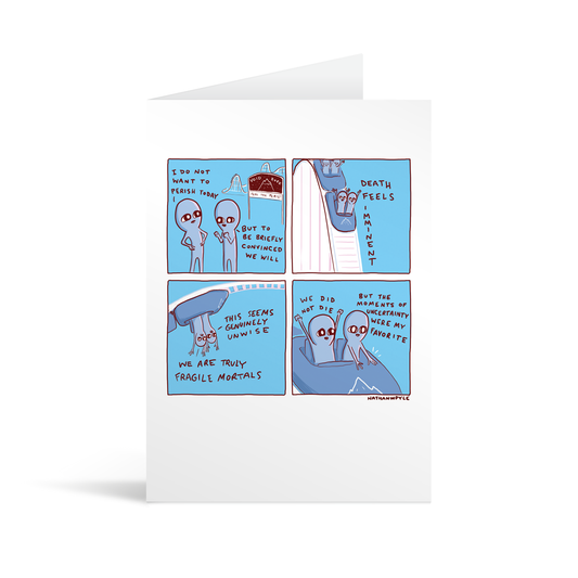 Comic strip style card with a funny conversation between two aliens about the emotions you experience on a rollercoaster