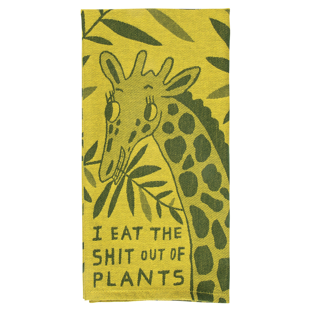 A yellow tea towel or dish towel featuring a happy giraffe with the words "I eat the shit out of plants"